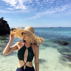 Isla Fringe Raffia Sun Hat – Oversized Wide Brim Beach Hat with Raw Edge Detail