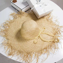 Isla Fringe Raffia Sun Hat – Oversized Wide Brim Beach Hat with Raw Edge Detail