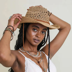Sierra Raffia Cowboy Hat – Handwoven Western Sun Hat with Shell & Bead Details