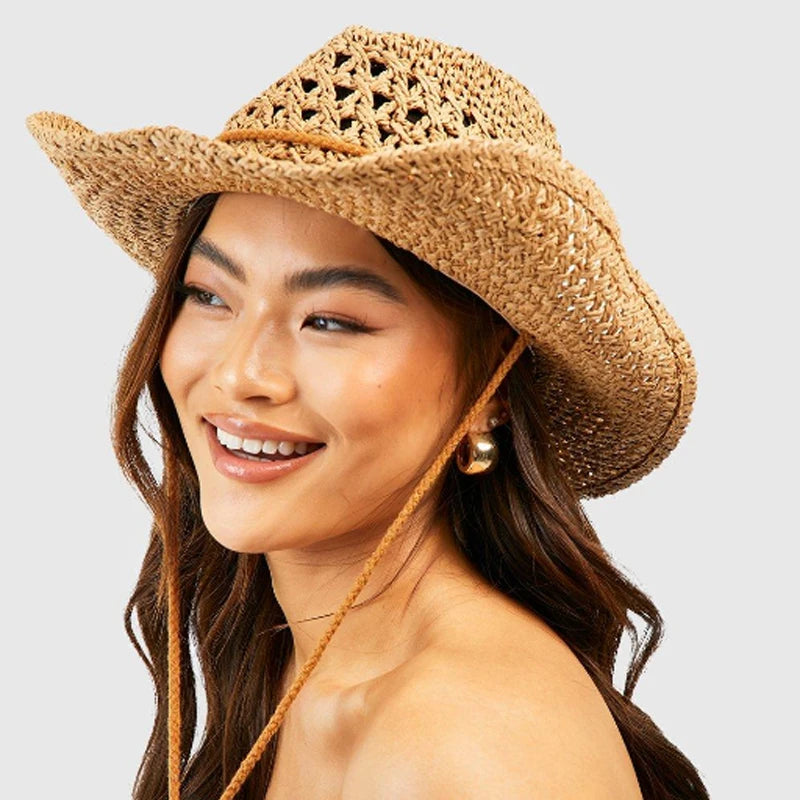 Sierra Raffia Cowboy Hat – Handwoven Western Sun Hat with Shell & Bead Details