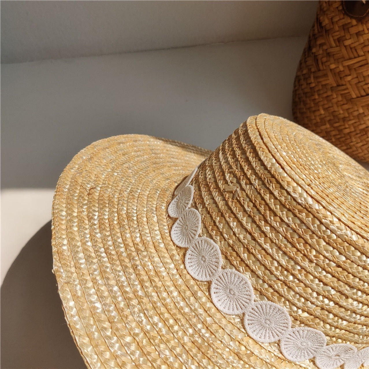 Luna Boater Raffia Hat – Handwoven Straw Hat with Black Dot Trim