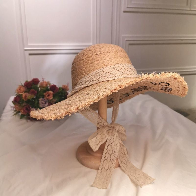 Sun Please Raffia Hat – Handwoven Wide Brim Sun Hat with Lace Tie & Embroidered Lettering