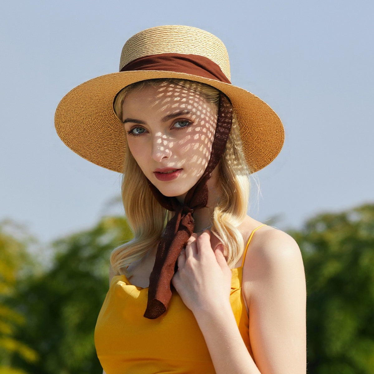 Amélie Raffia Ribbon Hat – Wide Brim Sun Hat with Silk Chin Tie