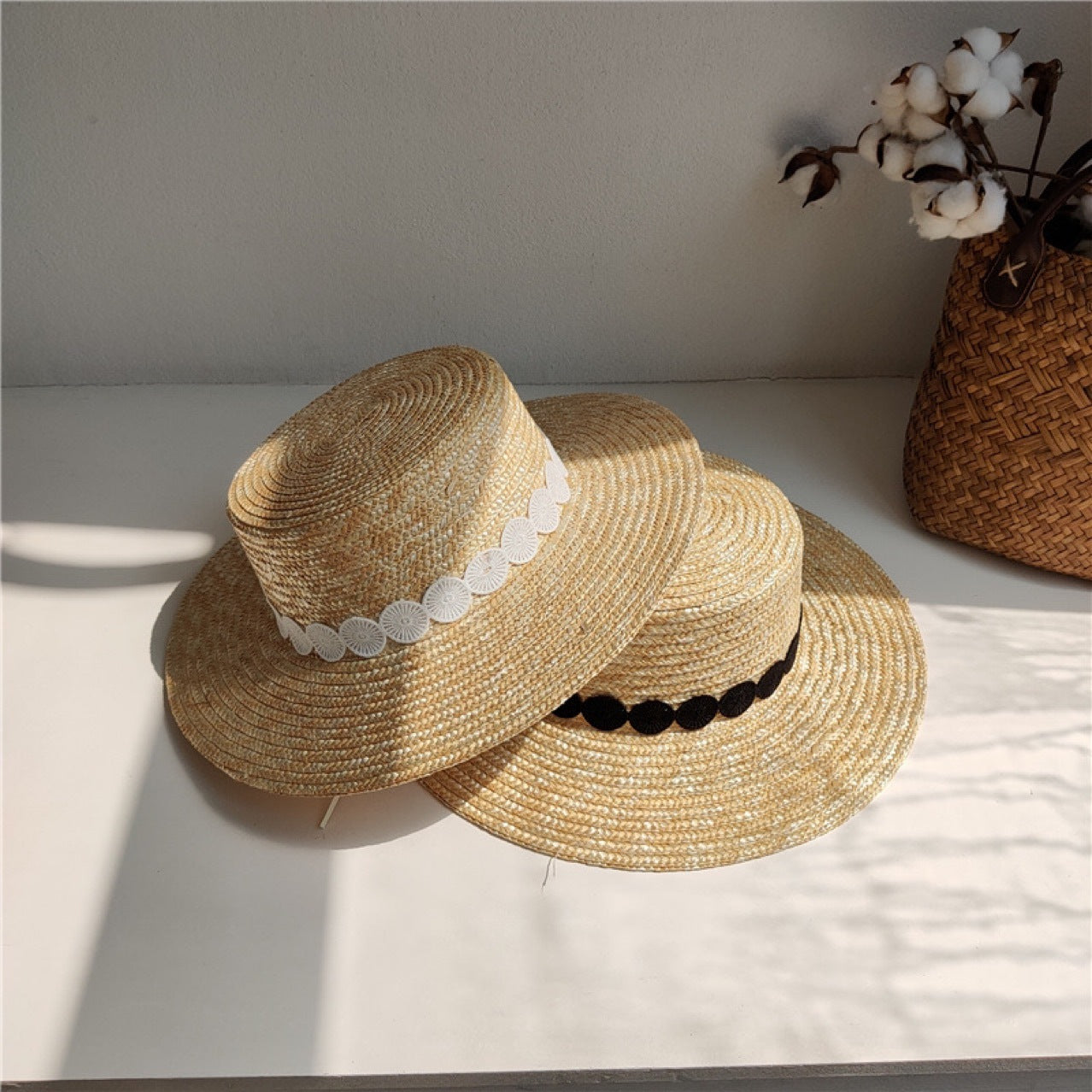Luna Boater Raffia Hat – Handwoven Straw Hat with Black Dot Trim