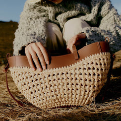 Sahara Curve Tote – Woven Raffia Bag with Sculpted Leather Trim