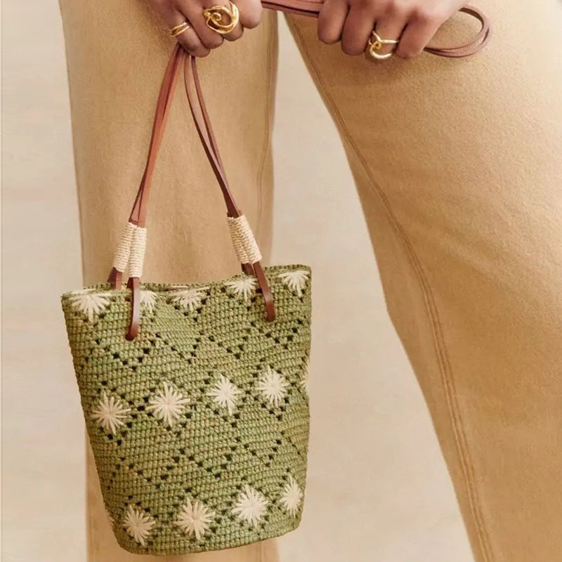 Meadow Bloom Raffia Bucket Bag – Hand-Crocheted Green Straw Bag with Floral Motifs