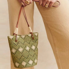 Meadow Bloom Raffia Bucket Bag – Hand-Crocheted Green Straw Bag with Floral Motifs