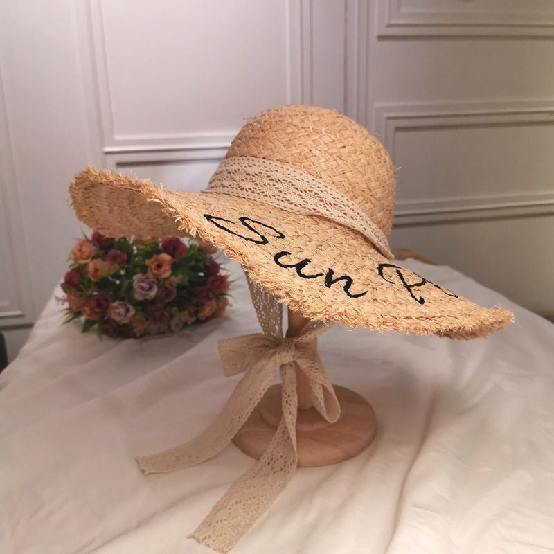 Sun Please Raffia Hat – Handwoven Wide Brim Sun Hat with Lace Tie & Embroidered Lettering