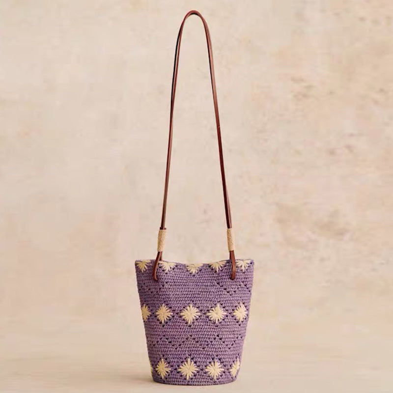 Meadow Bloom Raffia Bucket Bag – Hand-Crocheted Green Straw Bag with Floral Motifs