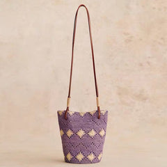 Meadow Bloom Raffia Bucket Bag – Hand-Crocheted Green Straw Bag with Floral Motifs