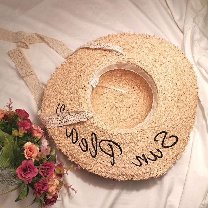 Sun Please Raffia Hat – Handwoven Wide Brim Sun Hat with Lace Tie & Embroidered Lettering