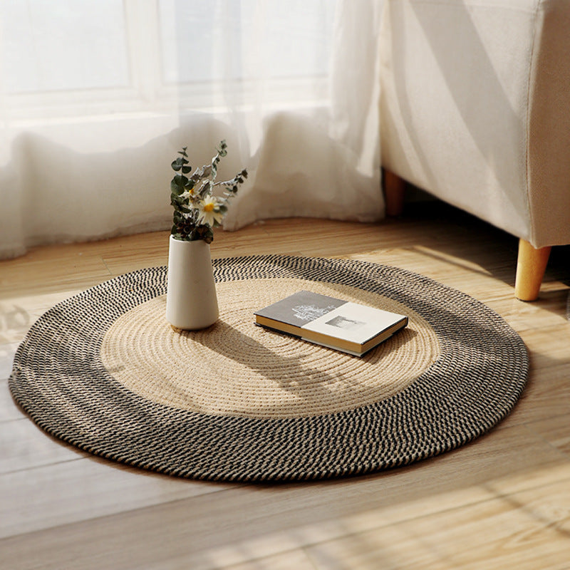 Noir Edge Round Raffia Rug – Minimalist Natural Fiber Floor Mat in Sand & Black