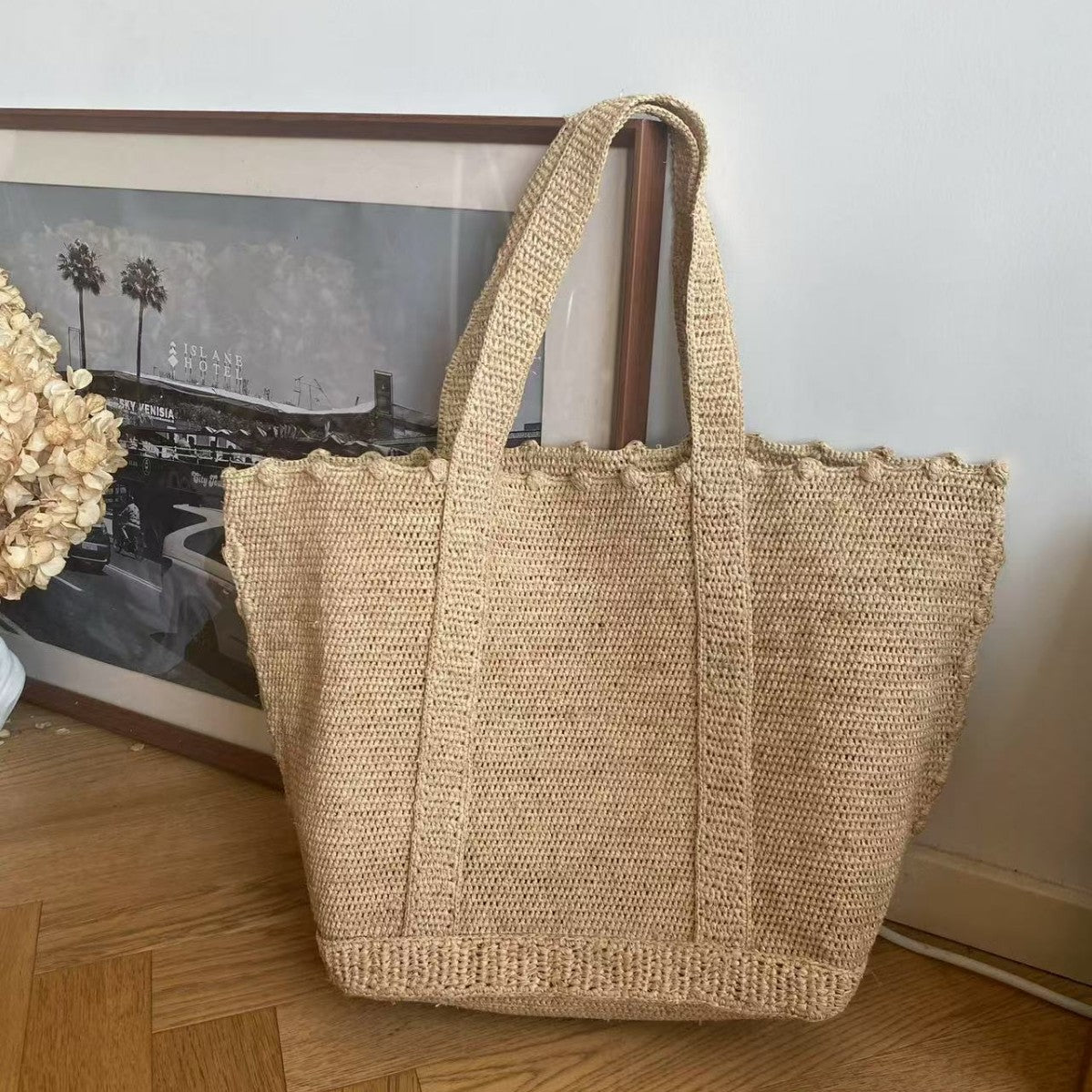 Capri Raffia Tote Bag – Handwoven Straw Beach Bag with Pom Pom Trim