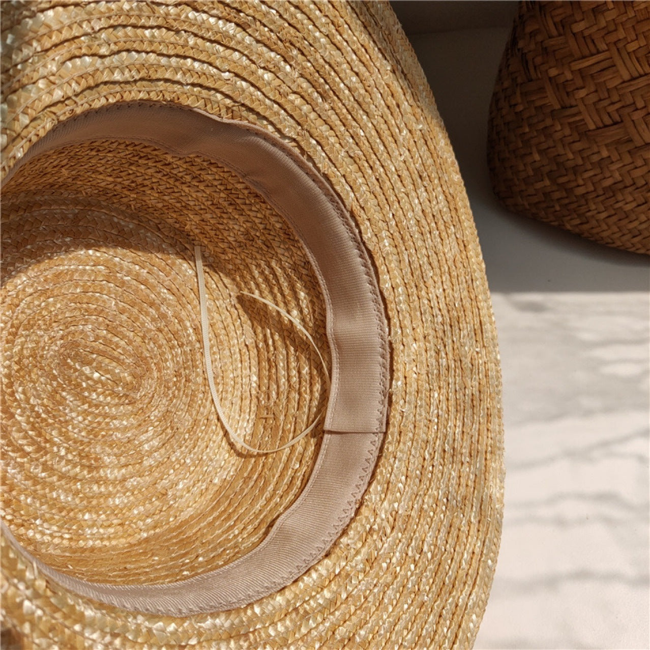 Luna Boater Raffia Hat – Handwoven Straw Hat with Black Dot Trim