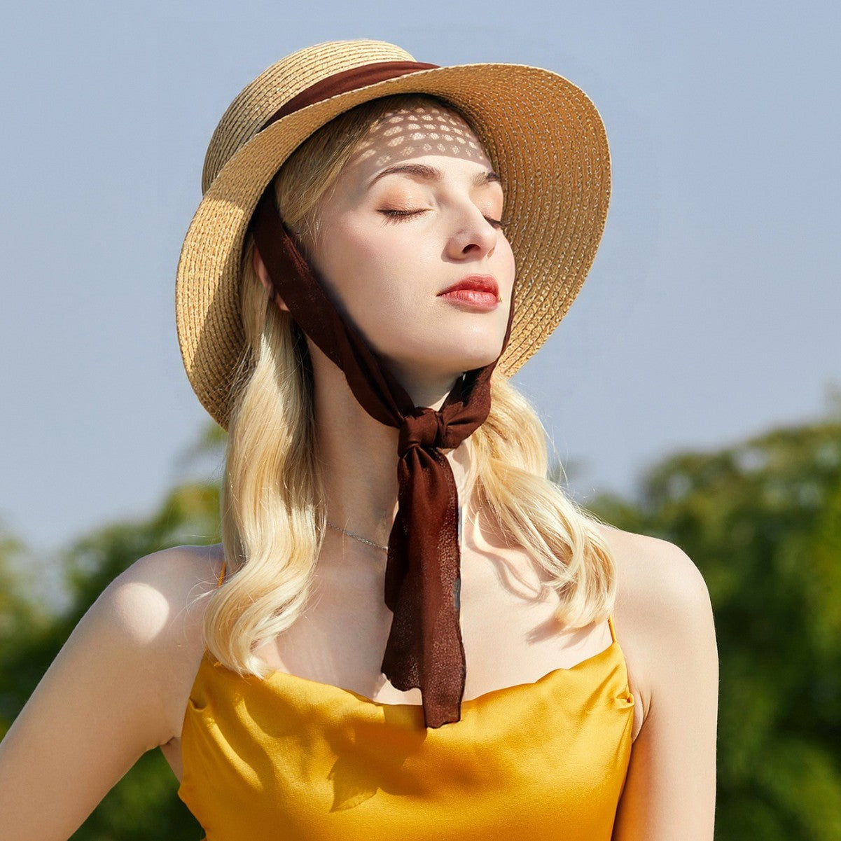 Amélie Raffia Ribbon Hat – Wide Brim Sun Hat with Silk Chin Tie