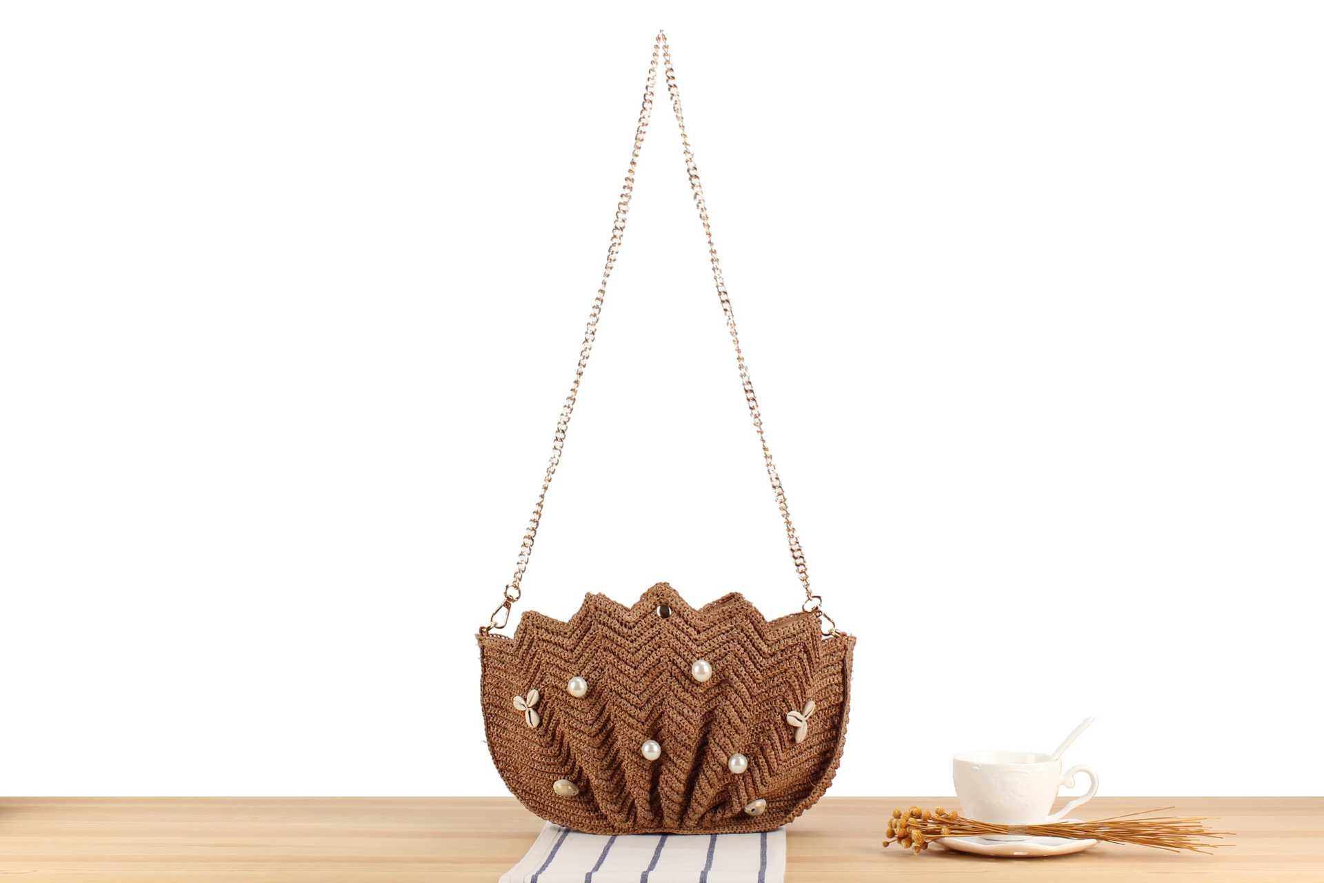 Marina Shell Raffia Bag – Handwoven Straw Beach Bag Clutch with Pearls and Cowrie Shells