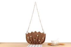 Marina Shell Raffia Bag – Handwoven Straw Beach Bag Clutch with Pearls and Cowrie Shells