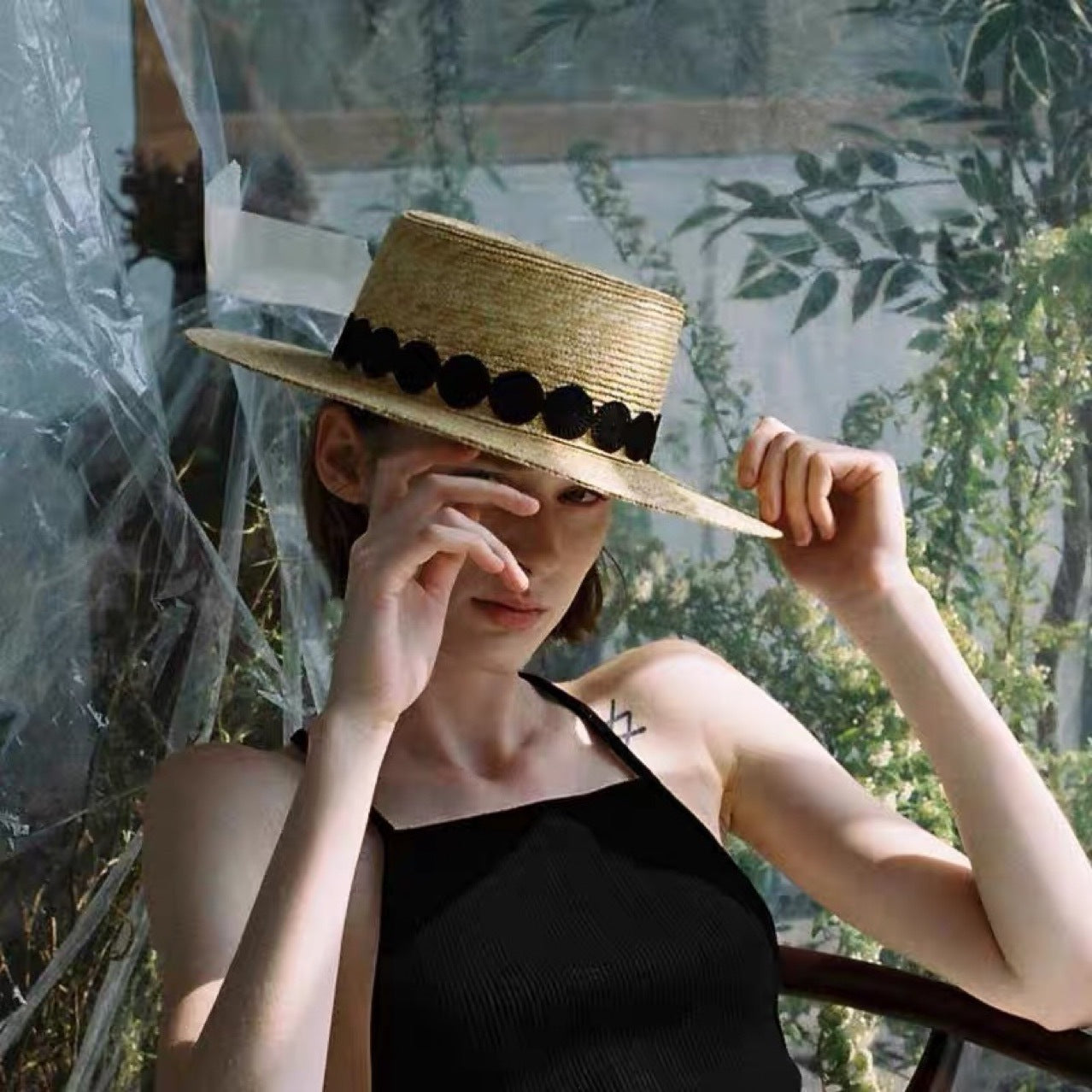 Luna Boater Raffia Hat – Handwoven Straw Hat with Black Dot Trim