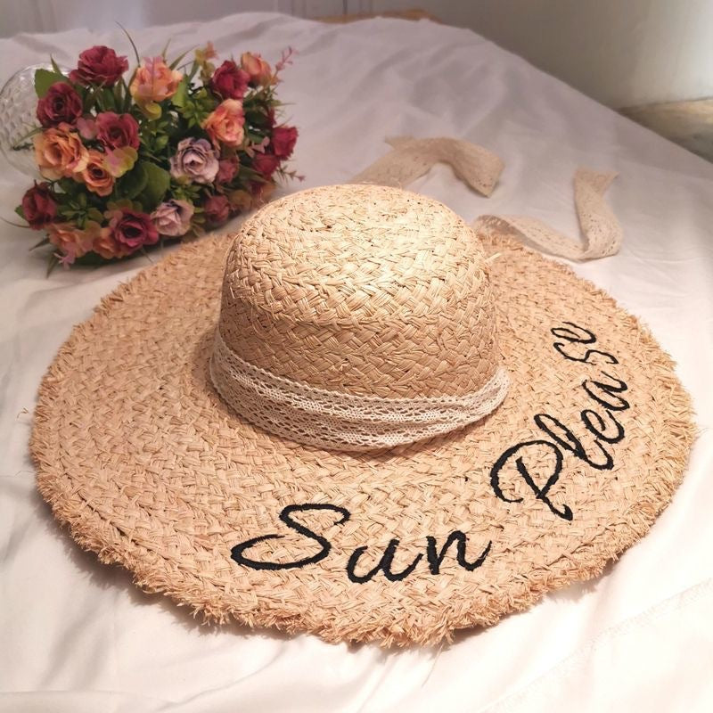 Sun Please Raffia Hat – Handwoven Wide Brim Sun Hat with Lace Tie & Embroidered Lettering