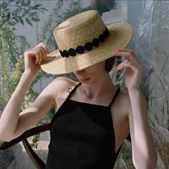 Luna Boater Raffia Hat – Handwoven Straw Hat with Black Dot Trim