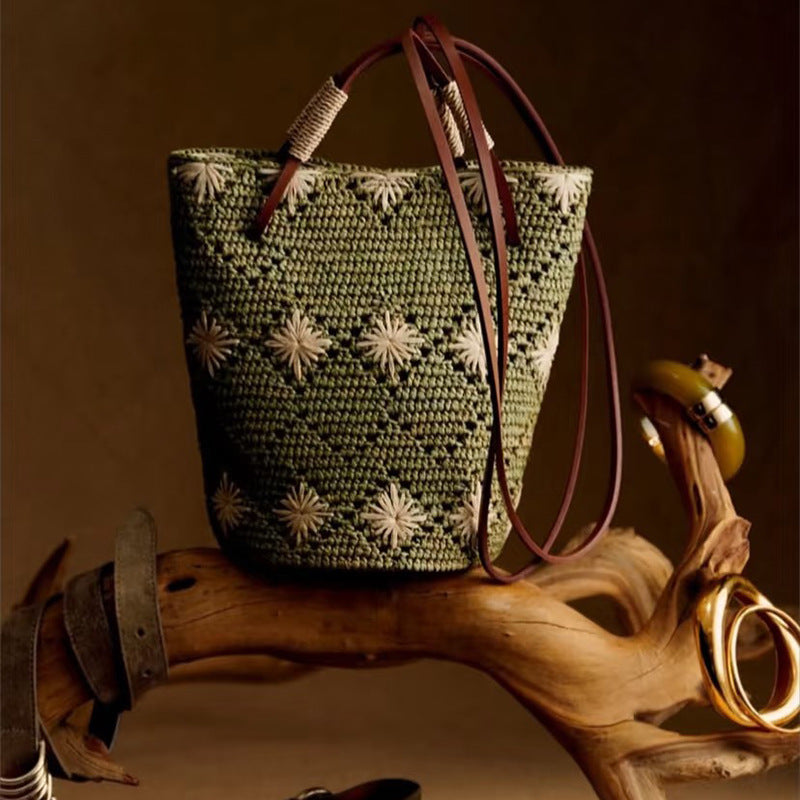 Meadow Bloom Raffia Bucket Bag – Hand-Crocheted Green Straw Bag with Floral Motifs