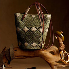 Meadow Bloom Raffia Bucket Bag – Hand-Crocheted Green Straw Bag with Floral Motifs