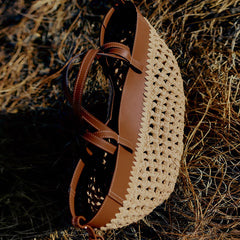 Sahara Curve Tote – Woven Raffia Bag with Sculpted Leather Trim