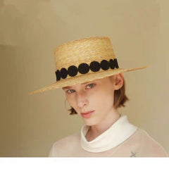 Luna Boater Raffia Hat – Handwoven Straw Hat with Black Dot Trim