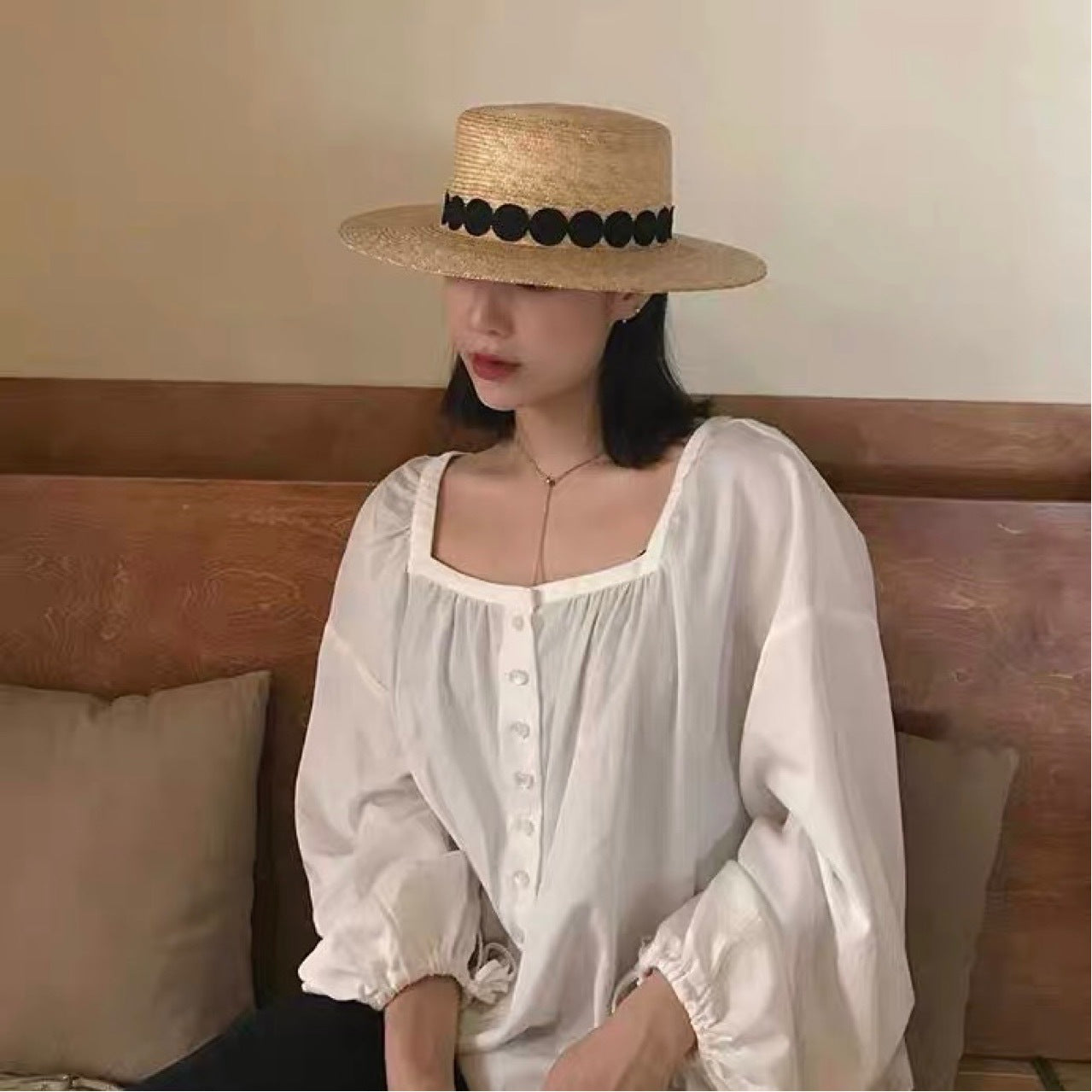 Luna Boater Raffia Hat – Handwoven Straw Hat with Black Dot Trim