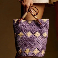 Meadow Bloom Raffia Bucket Bag – Hand-Crocheted Green Straw Bag with Floral Motifs