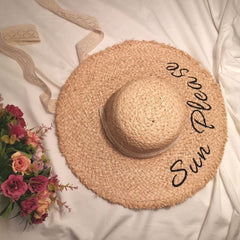 Sun Please Raffia Hat – Handwoven Wide Brim Sun Hat with Lace Tie & Embroidered Lettering