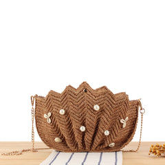 Marina Shell Raffia Bag – Handwoven Straw Beach Bag Clutch with Pearls and Cowrie Shells