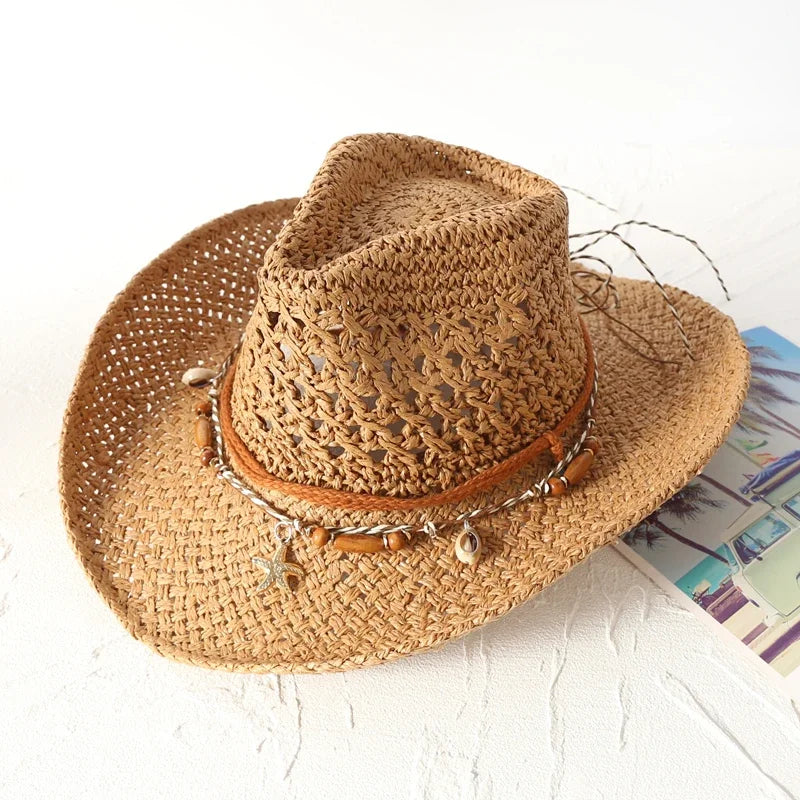 Sierra Raffia Cowboy Hat – Handwoven Western Sun Hat with Shell & Bead Details