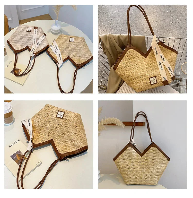 Riviera Chevron Raffia Bag – Modern Straw Shoulder Tote with Contrast Trim