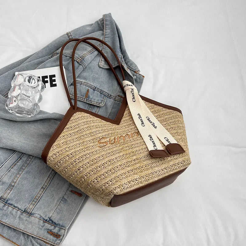 Riviera Chevron Raffia Bag – Modern Straw Shoulder Tote with Contrast Trim