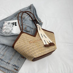 Riviera Chevron Raffia Bag – Modern Straw Shoulder Tote with Contrast Trim