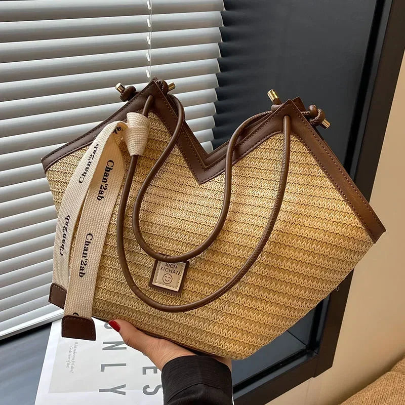 Riviera Chevron Raffia Bag – Modern Straw Shoulder Tote with Contrast Trim