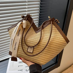 Riviera Chevron Raffia Bag – Modern Straw Shoulder Tote with Contrast Trim