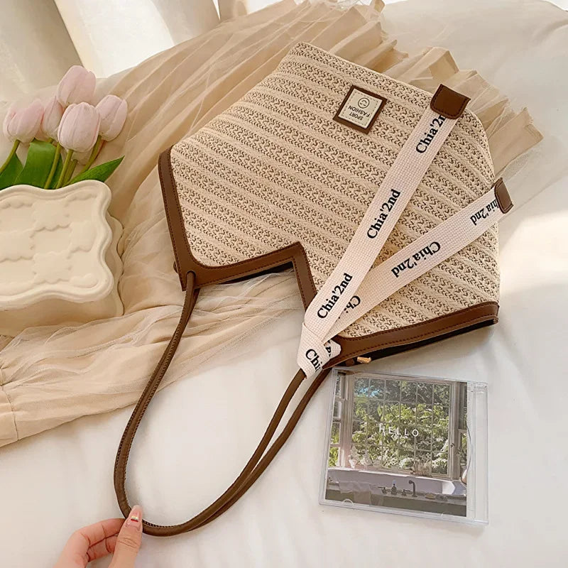 Riviera Chevron Raffia Bag – Modern Straw Shoulder Tote with Contrast Trim