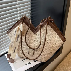 Riviera Chevron Raffia Bag – Modern Straw Shoulder Tote with Contrast Trim