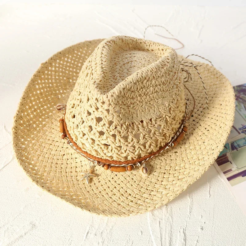 Sierra Raffia Cowboy Hat – Handwoven Western Sun Hat with Shell & Bead Details